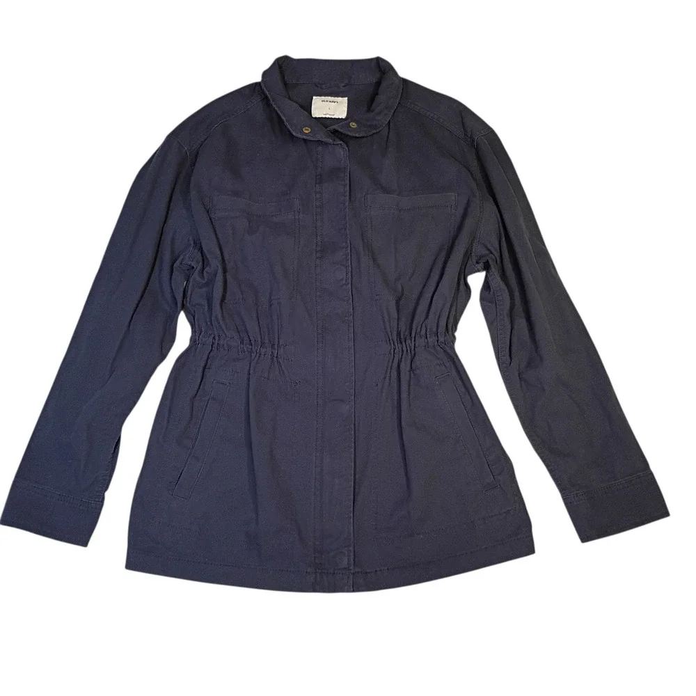 Old Navy Field Jacket Womens L Blue Chore Zip Up Twill Waist Tie Outdoor Utility
